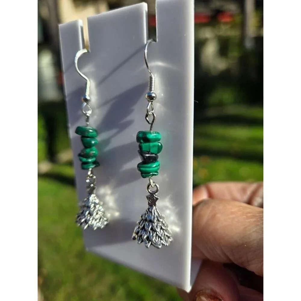 Malachite Chips Christmas Tree Charm Gemstone Festive Earrings